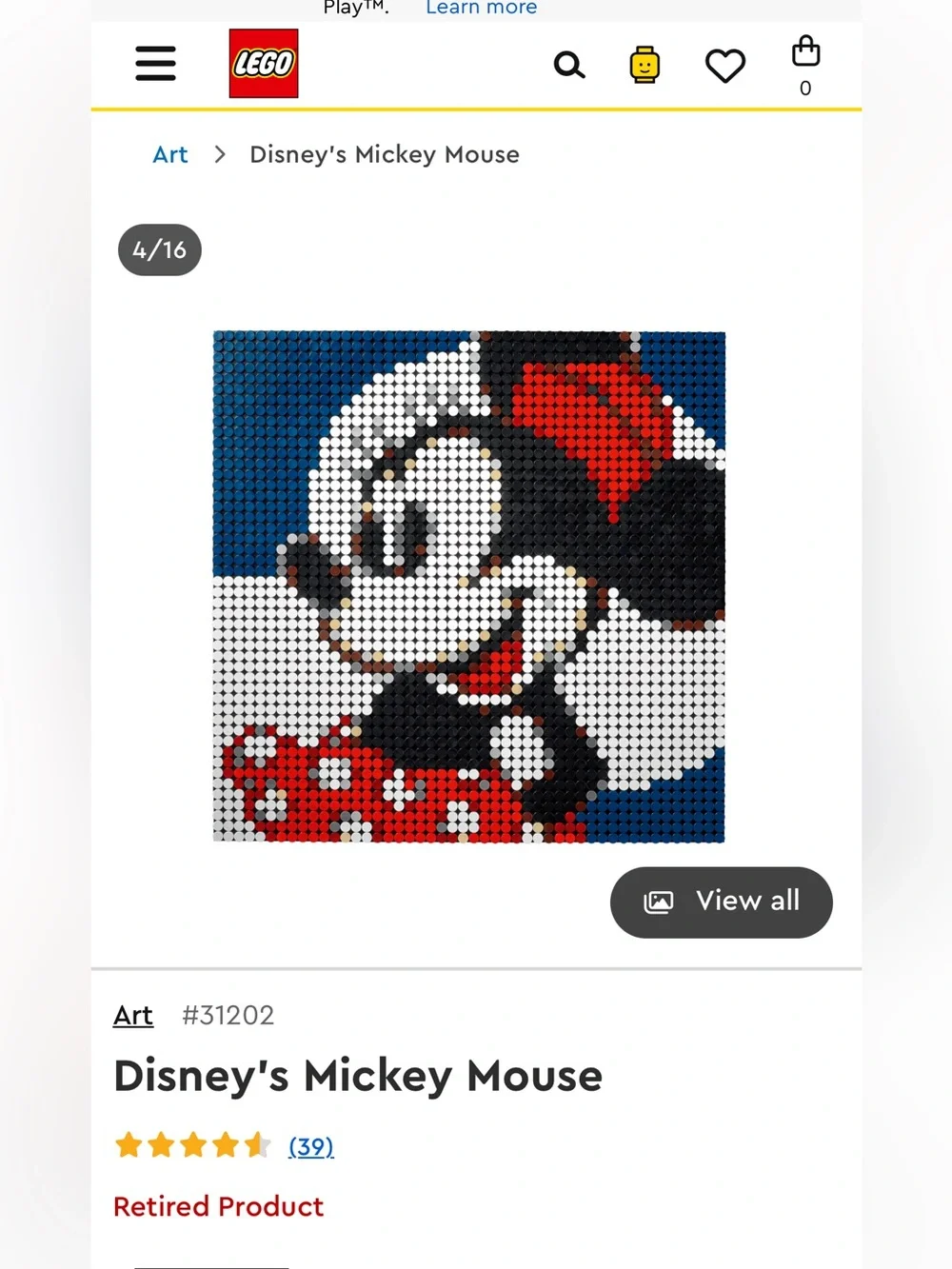 Lego Mickey Mouse Pixel Art Mosaic- RETIRED